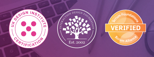 Image showing Interaction Design Foundation membership logo, Scrum verification badge and UX Design certification stamp